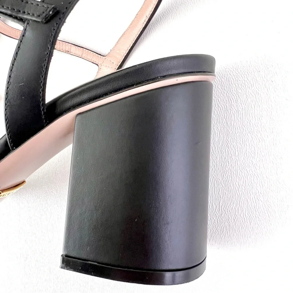 GUCCI | Marmont Double GG Black Leather Mid Heel Block Sandal EU 37.5 US 7.5 - Picture 12 of 14